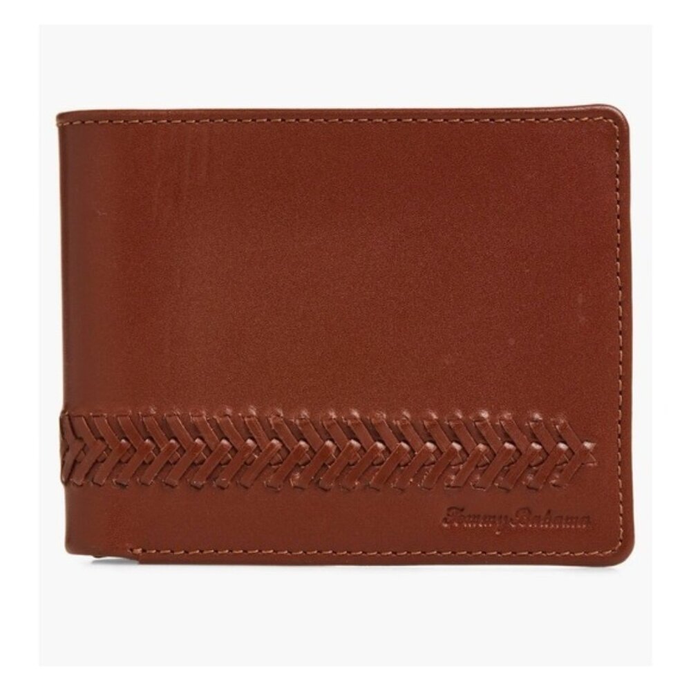 NWB‎ Tommy Bahama Men's Tan LEATHER Lace Details Bifold Wallet Gift